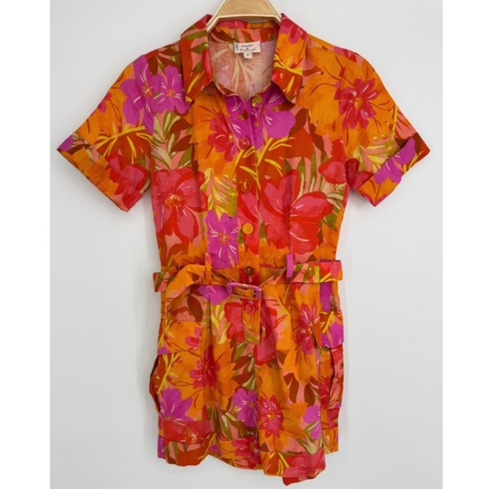Kachel x Anthropologie Floral Linen Blend Romper Size 2 Orange Tropical Resort‎ - Picture 4 of 13